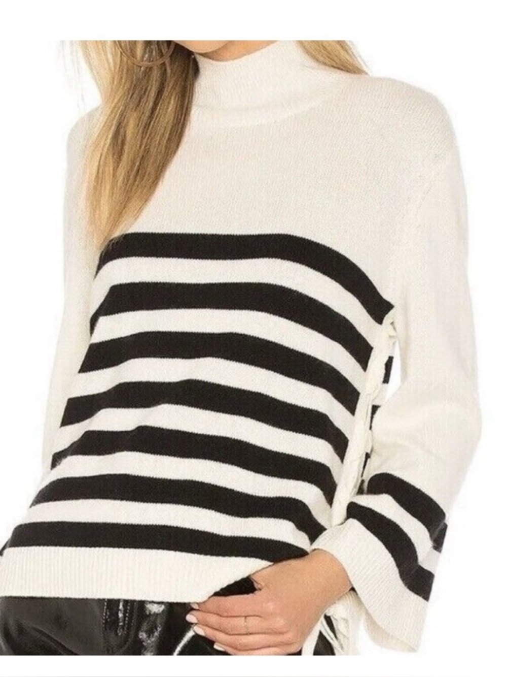 Joie Cream cashmere blend and Black Striped Turtleneck Sweater with Side Ties - Picture 4 of 4